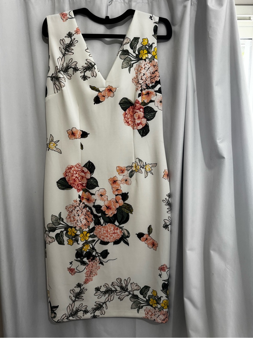 New York & Company White Midi Dress with Pink & Yellow Floral Print